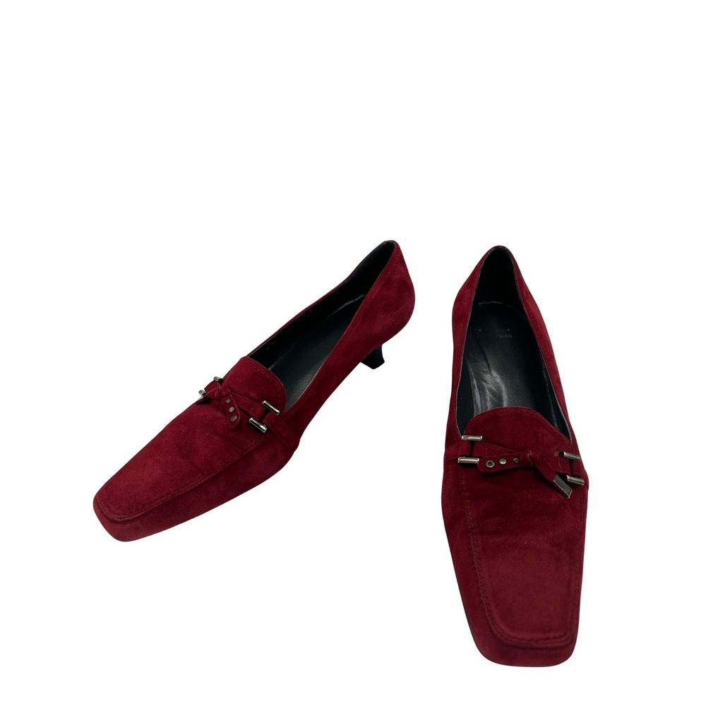 Stuart Weitzman Kitten Heels Womens 6 Red Good Suede Square Toe Knotted Studded